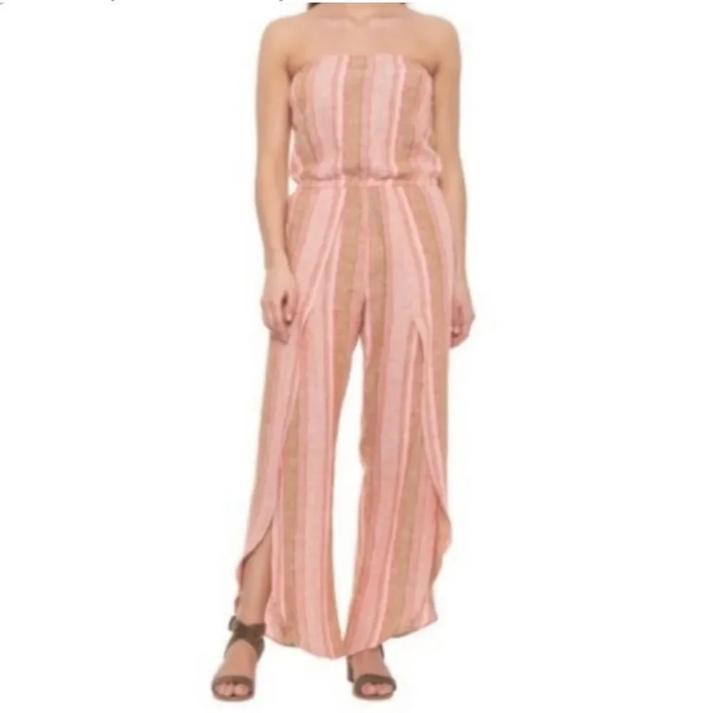 (BOGO FREE) Anthropologie Drew Tulip Hem Jumpsuit Linen Striped Romper Small - Picture 1 of 5